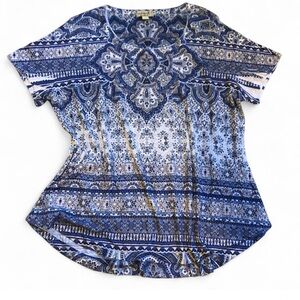 ONE WORLD Blue and White Short Sleeve Top